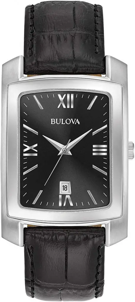 Bulova Men's Stainless-Steel Analog-Quartz Watch with Leather-Crocodile Strap, Black, 20 (Model: 96B269)